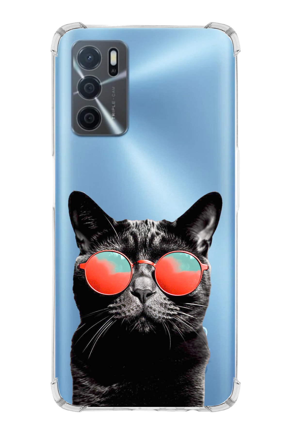 Oppo A16 Uyumlu Kedi 3 Baskılı Şeffaf Köşe Korumalı Antişok Kılıf