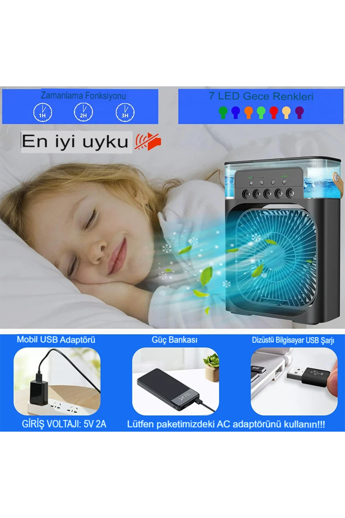 Buz Hava Serinletici Fan Hava Soğutucu Isıtma Dağılımı Taşınabilir Hava Nemlendiricili Ledli Fan