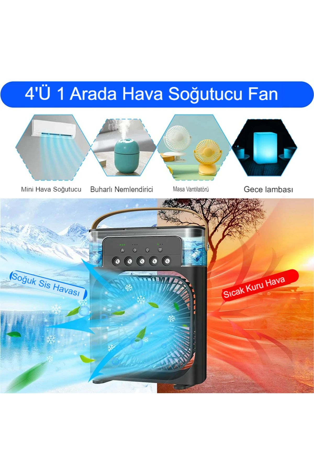 Buz Hava Serinletici Fan Hava Soğutucu Isıtma Dağılımı Taşınabilir Hava Nemlendiricili Ledli Fan