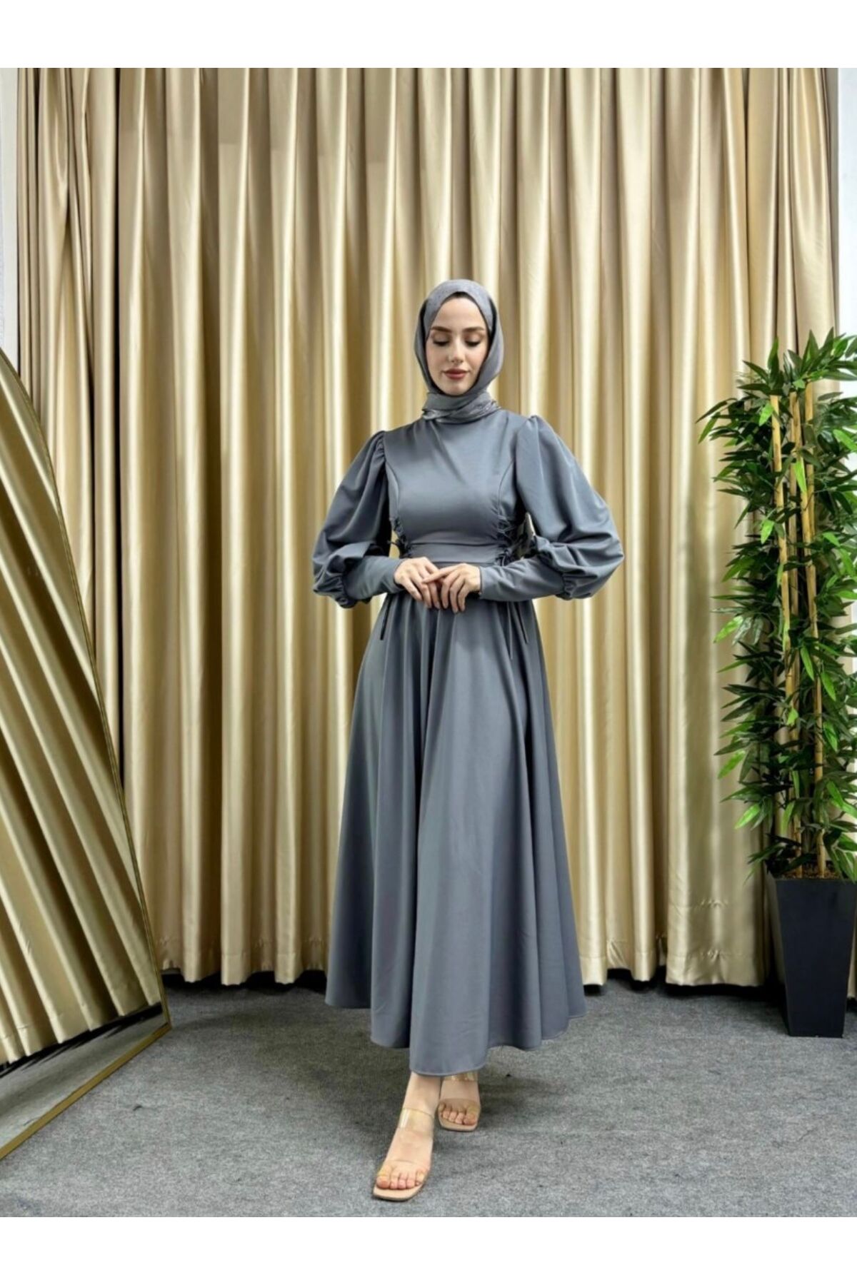 Balloon Sleeve Waist Rope Detailed Modest Dress