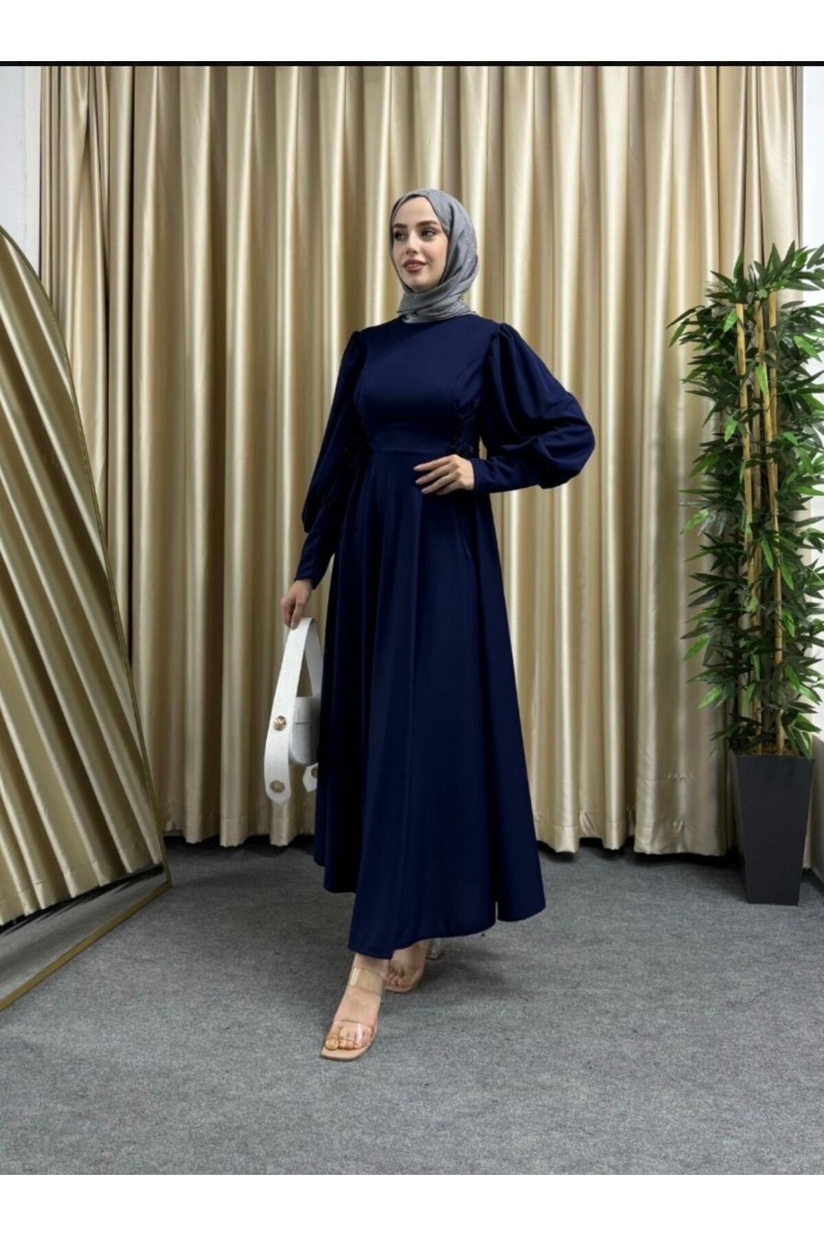 Balloon Sleeve Waist Rope Detailed Modest Dress