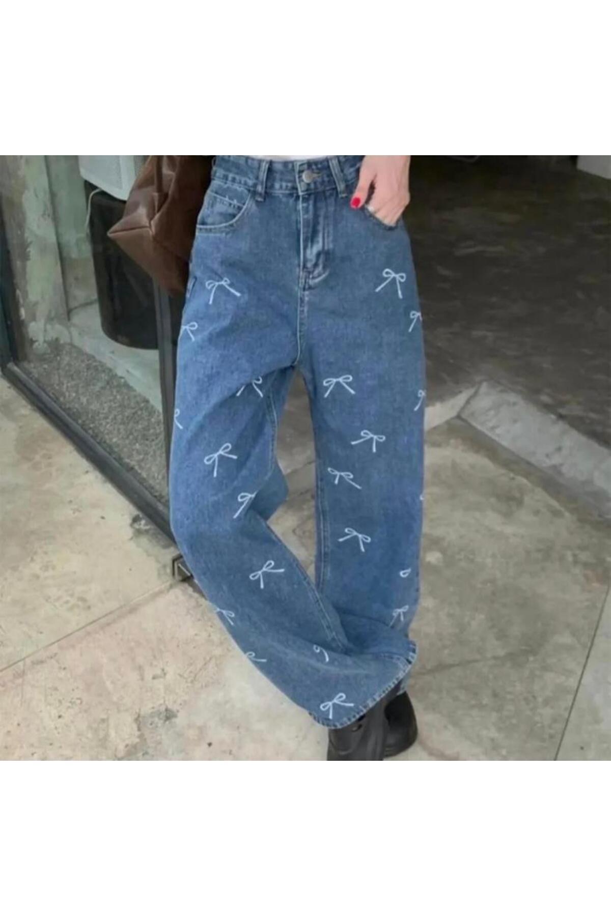 Y2k Ribbon Detail Jeans Blue Pants
