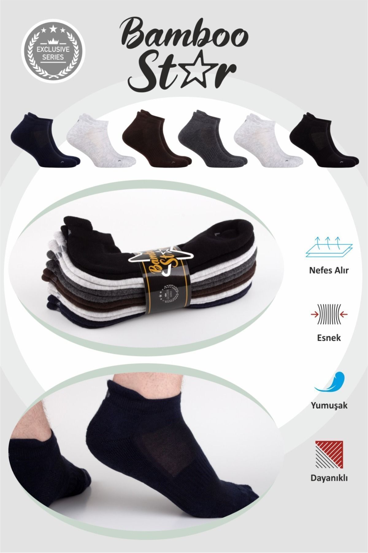 bamboo star Erkek Havlu Patik Çorap, Spor, Antibakteriyel ,Esnek,Dikişsiz Asorti  6lı Premium Çorap
