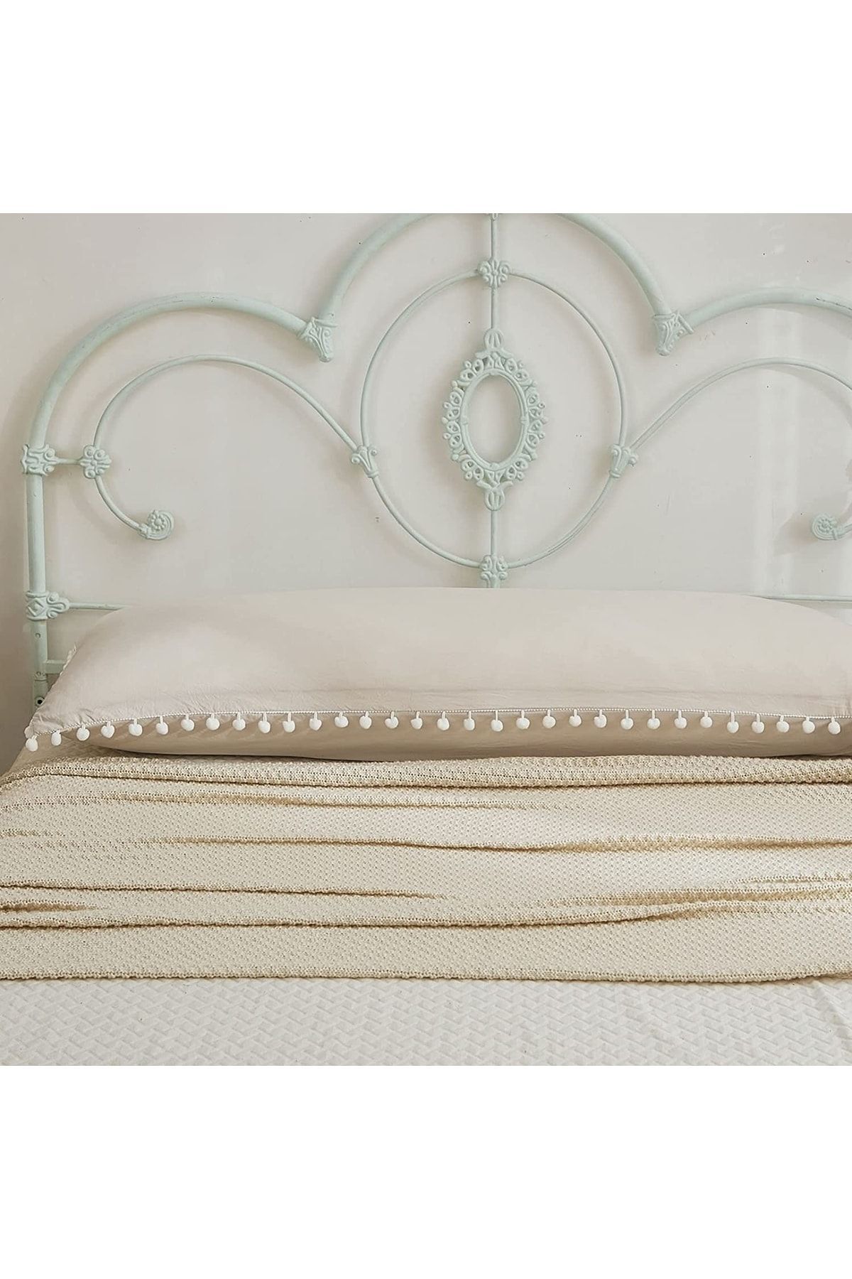 EVYA %100 Pamuklu Ponpon Detaylı Uzun Yastık Kılıfı 50x135 Cm Bej Renk Hamile Yastığı Kılıfı Ergonomik fotoğrafı 2 (önizleme)
