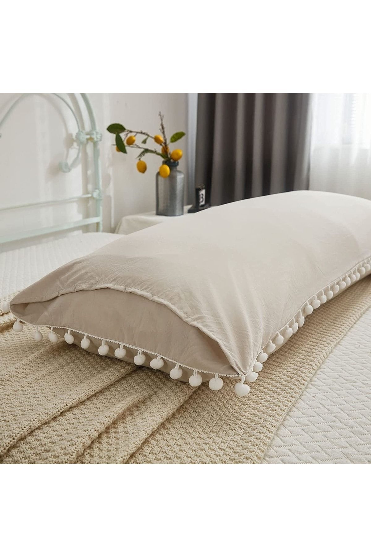 EVYA %100 Pamuklu Ponpon Detaylı Uzun Yastık Kılıfı 50x135 Cm Bej Renk Hamile Yastığı Kılıfı Ergonomik fotoğrafı 7 (önizleme)