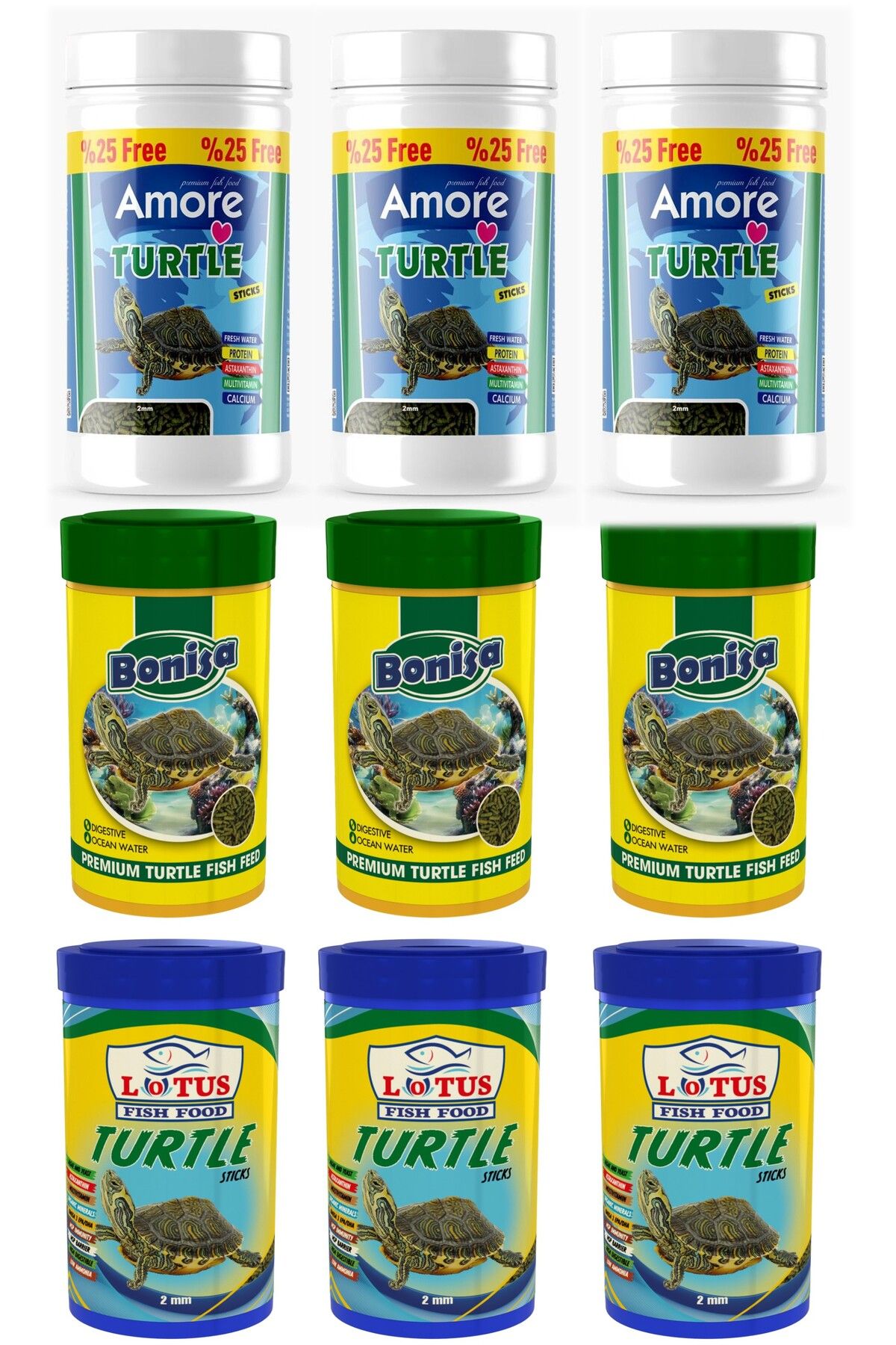 AMORE Turtle Food Sticks 3x125ml, Bonisa 3x100ml, Lotus 3x100ml Su Kaplumbağası Yüzen Yemi