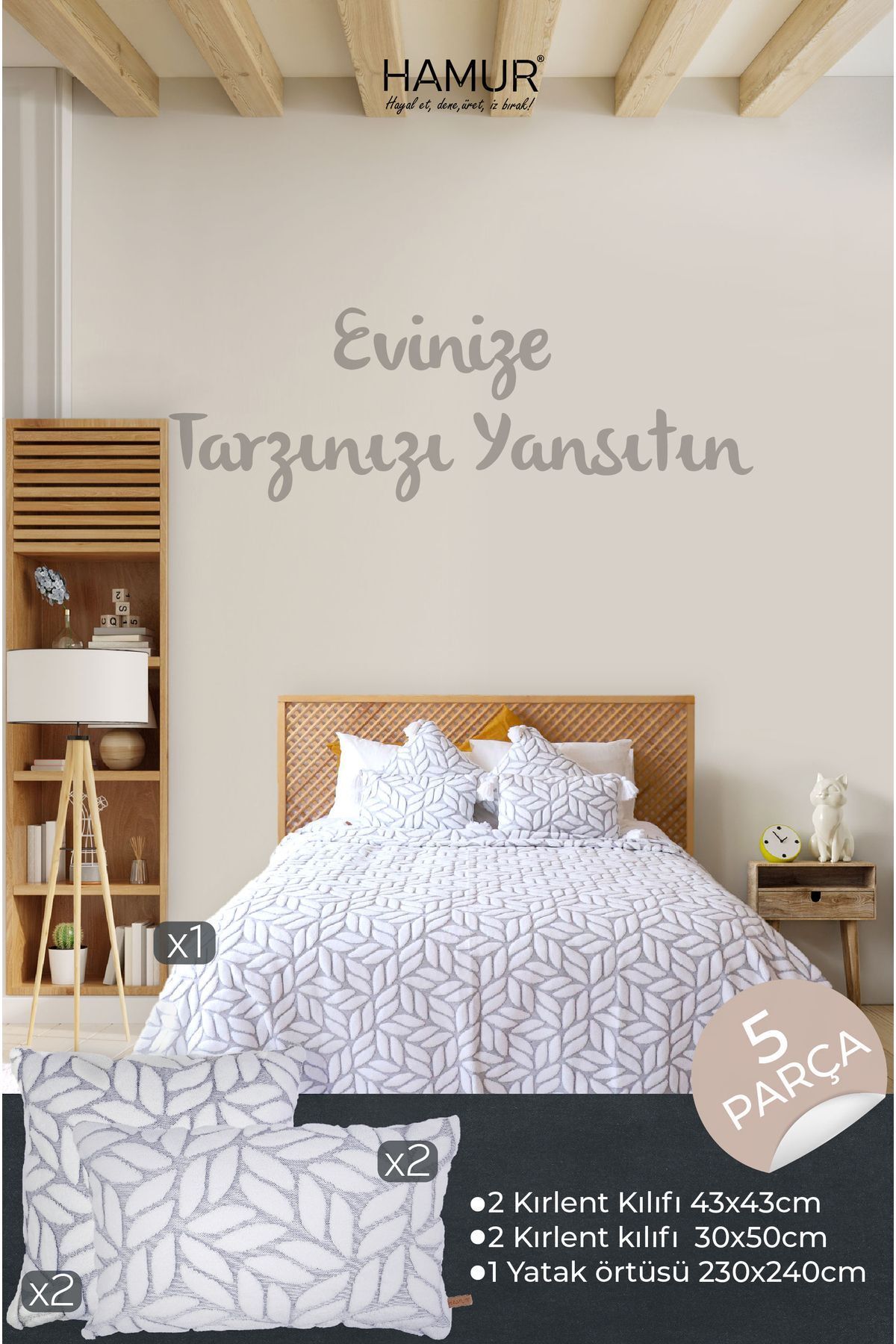 HAMUR-Scandinavian Bedspread Set Double Set Bohemian Punch Ponch Pattern Lotus Gray 2