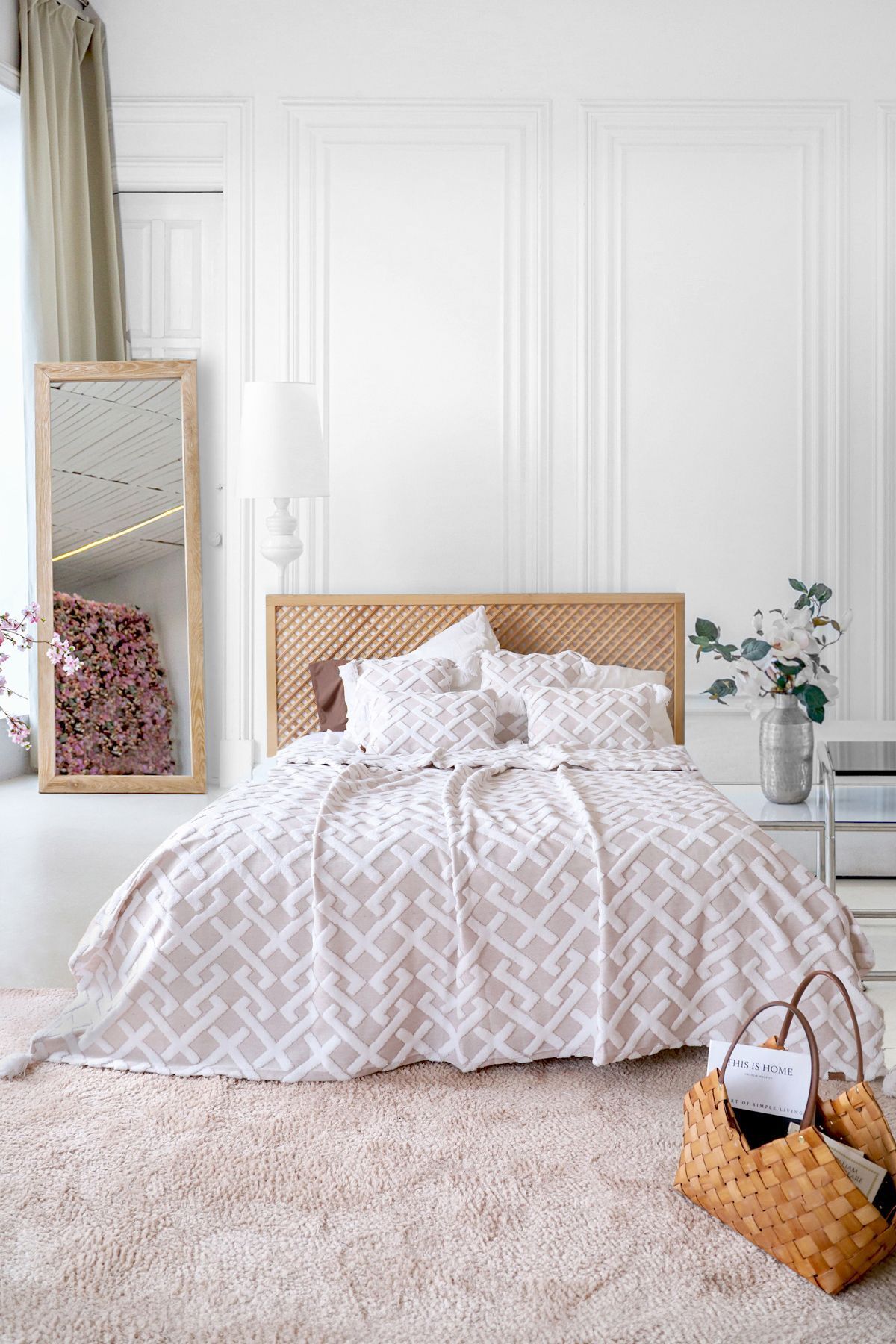 HAMUR-Scandinavian Bedspread Set Double Set Bohemian Punch Ponch Pattern Elda Beige 4