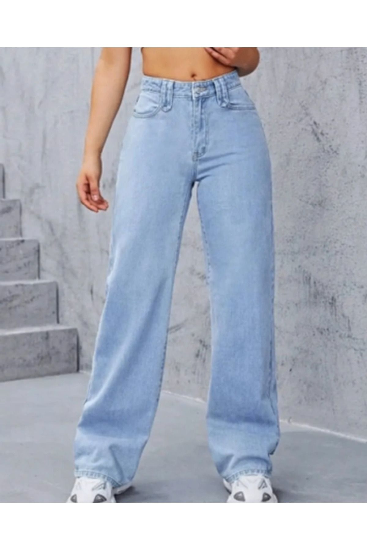 Kadın Buz Mavisi Easy Fit Jeans Yüksek Bel Bol Paça Kot Pantolon