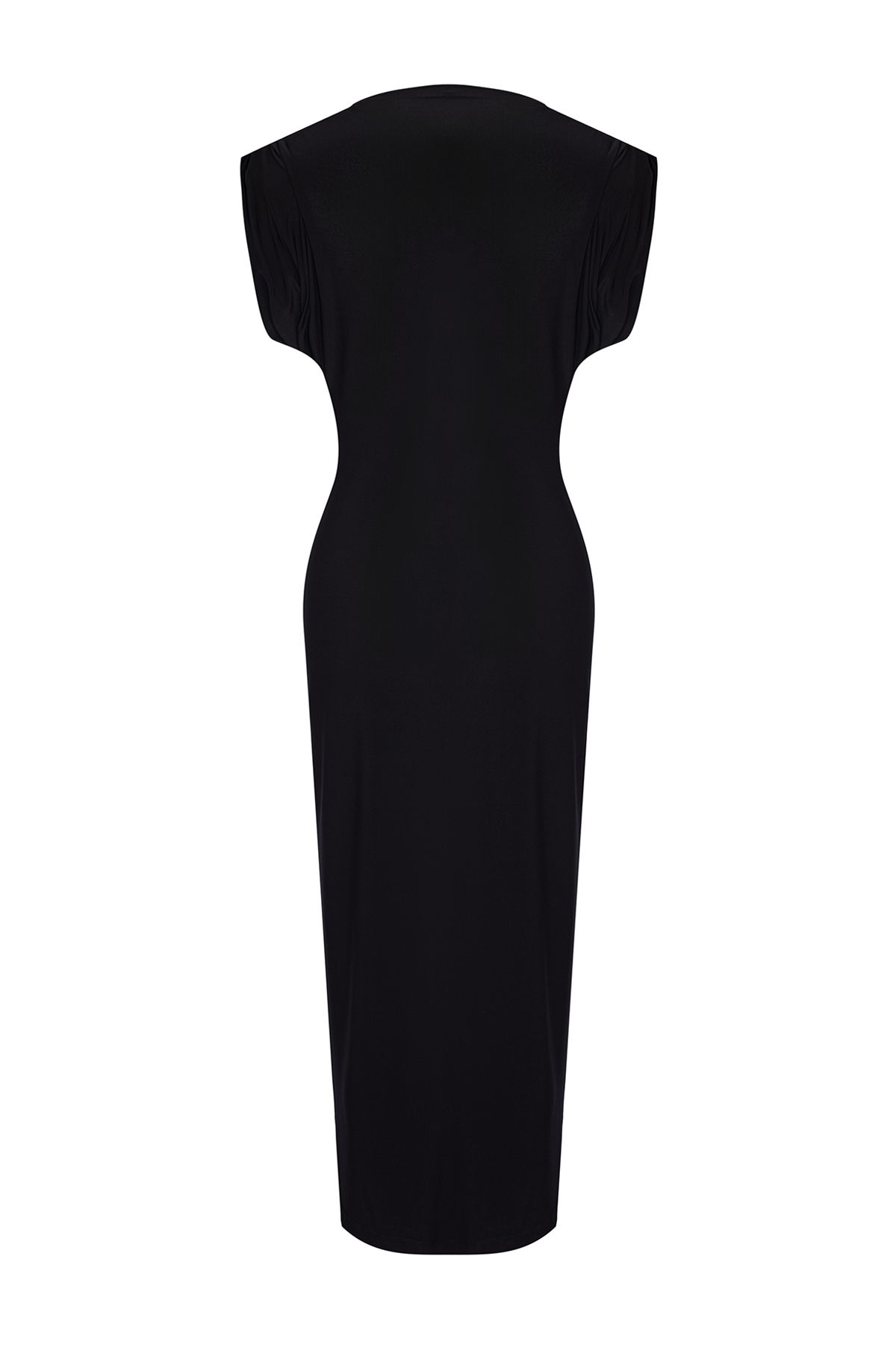 Trendyol Collection-Rochie neagră, dreaptă, midi, căptușită, drapată, bodycon, tricotată, elastică TWOSS24EL00975 7