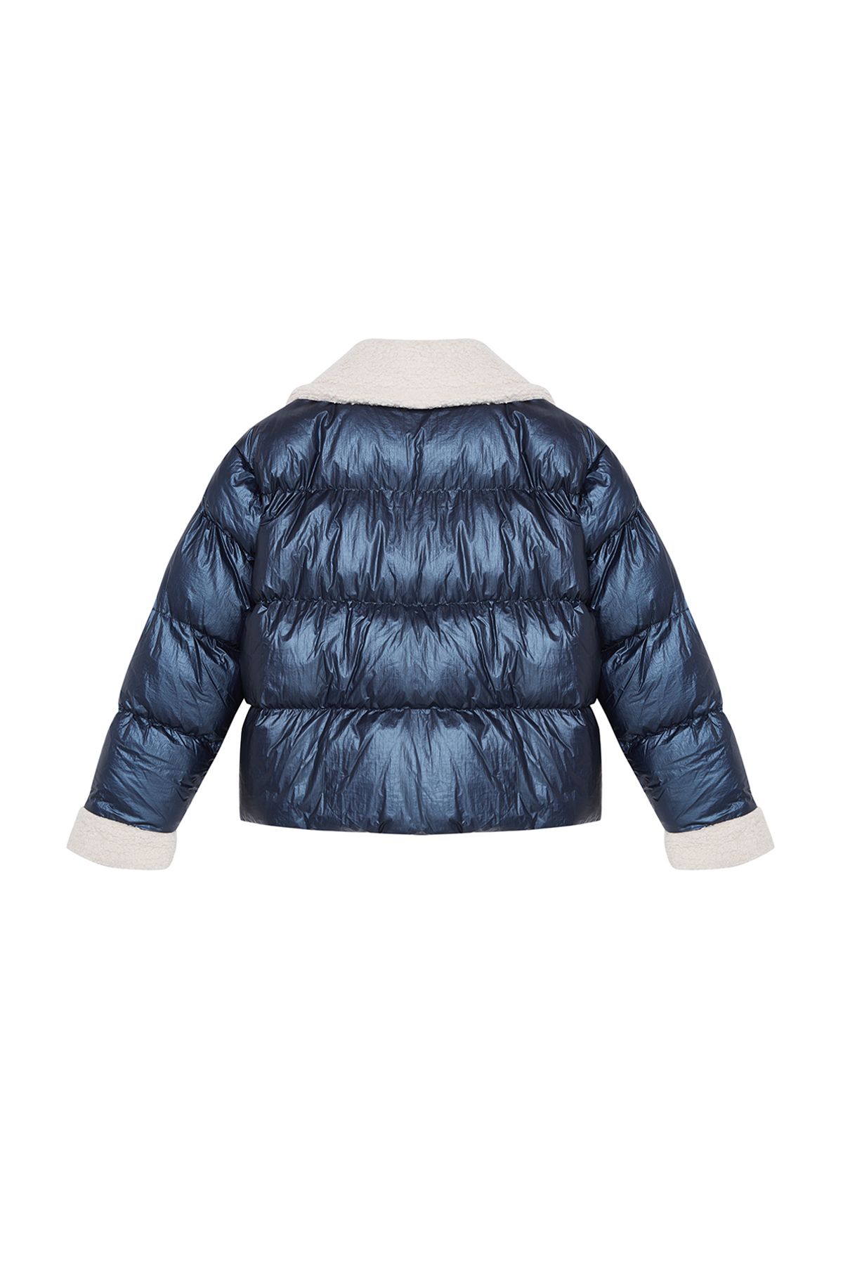 Trendyol Collection-Palton puf albastru bleumarin strălucitor - cu guler de pluș și detaliu curea, hidrofug TWOAW25MO00062 9