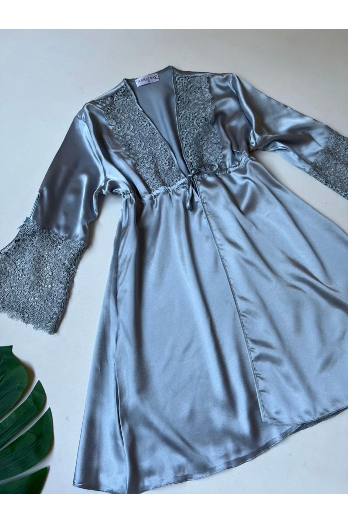 KARLİNAX-6-Piece Satin Nightdress and Dressing Gown Set - Mist Guipure Detailed 5