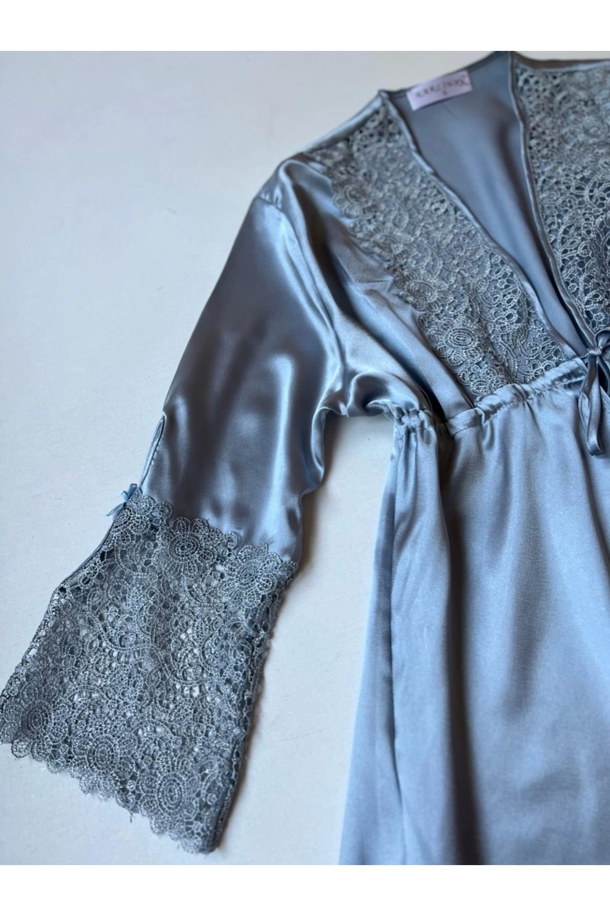 KARLİNAX-6-Piece Satin Nightdress and Dressing Gown Set - Mist Guipure Detailed 7