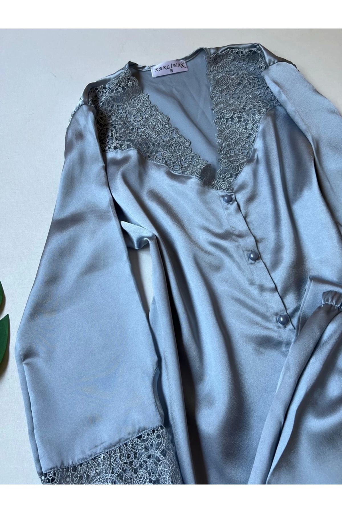 KARLİNAX-6-Piece Satin Nightdress and Dressing Gown Set - Mist Guipure Detailed 8
