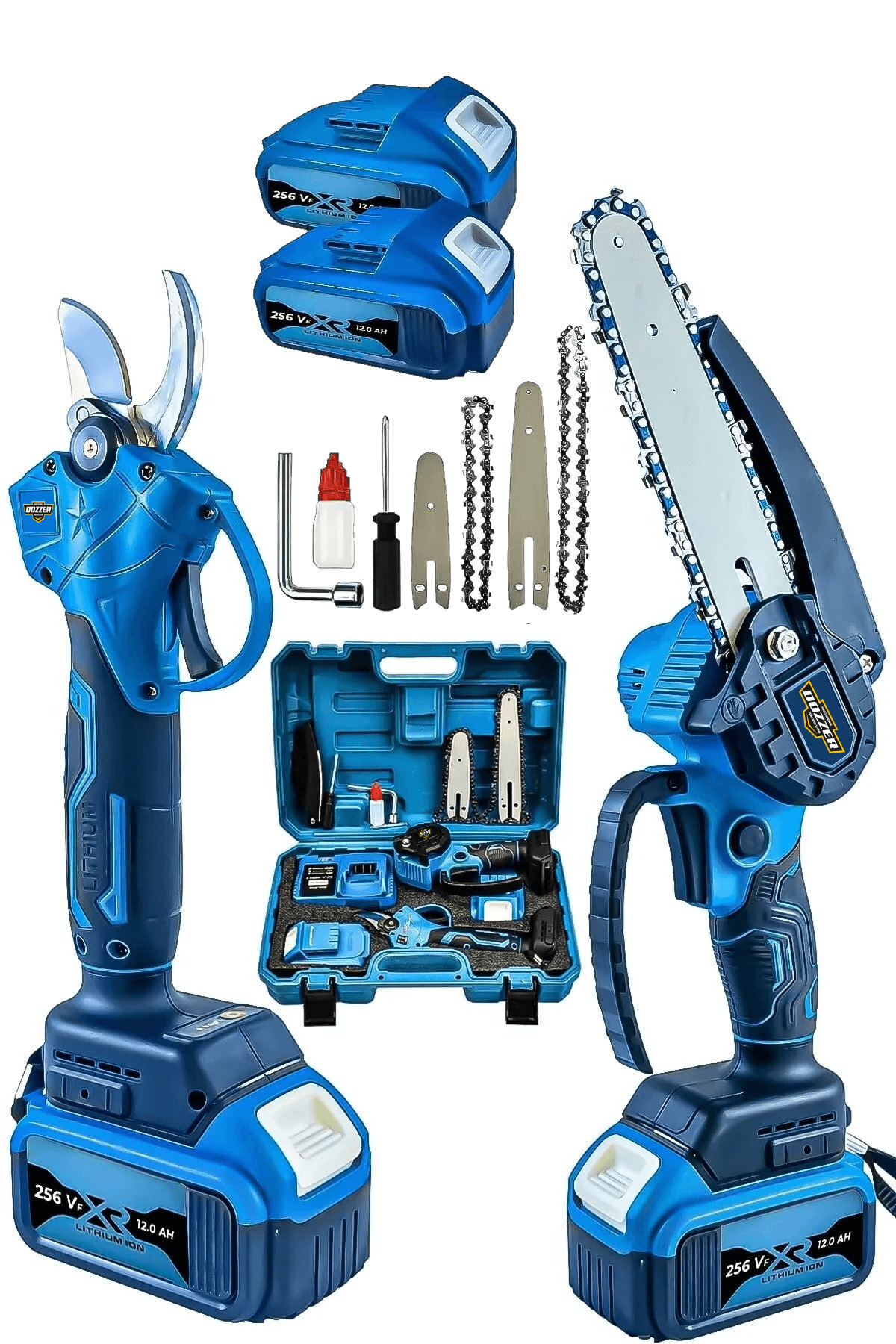 DOZZER 2li Set 256 Vf 2x Akülü Çelik Şanzuman 2 Pala Zincir Şarjlı Dal Ağaç Kesme Bağ Budama Makası