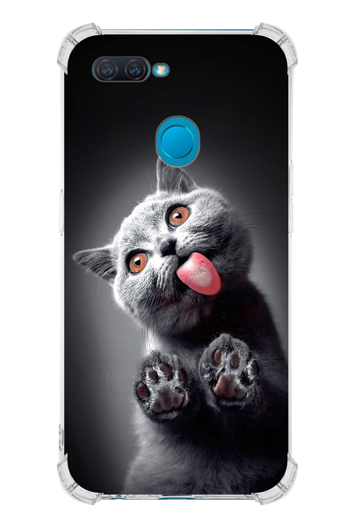 Oppo A12 Uyumlu Kedi 2 Baskılı Şeffaf Köşe Korumalı Antişok Kılıf