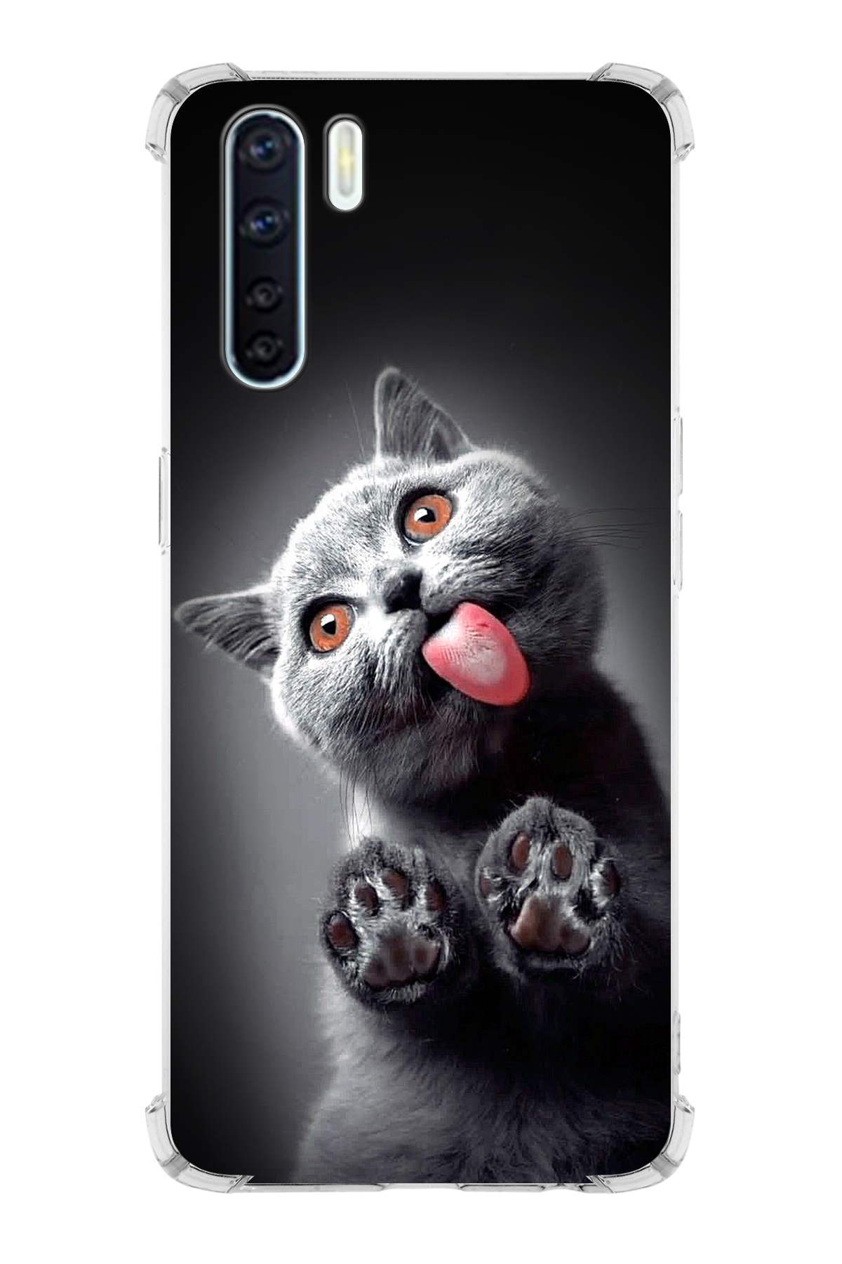 Oppo A91 Uyumlu Kedi 2 Baskılı Şeffaf Köşe Korumalı Antişok Kılıf