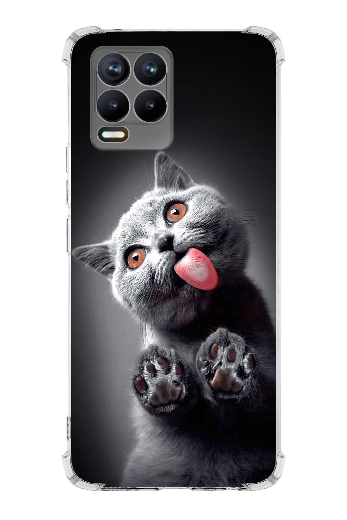 Realme 8 Uyumlu Kedi 2 Baskılı Şeffaf Köşe Korumalı Antişok Kılıf