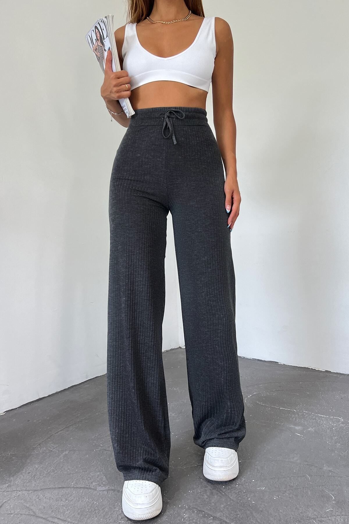 Sun Victoria Női antracit bordás, széles szárú, kényelmes kamisole nadrág