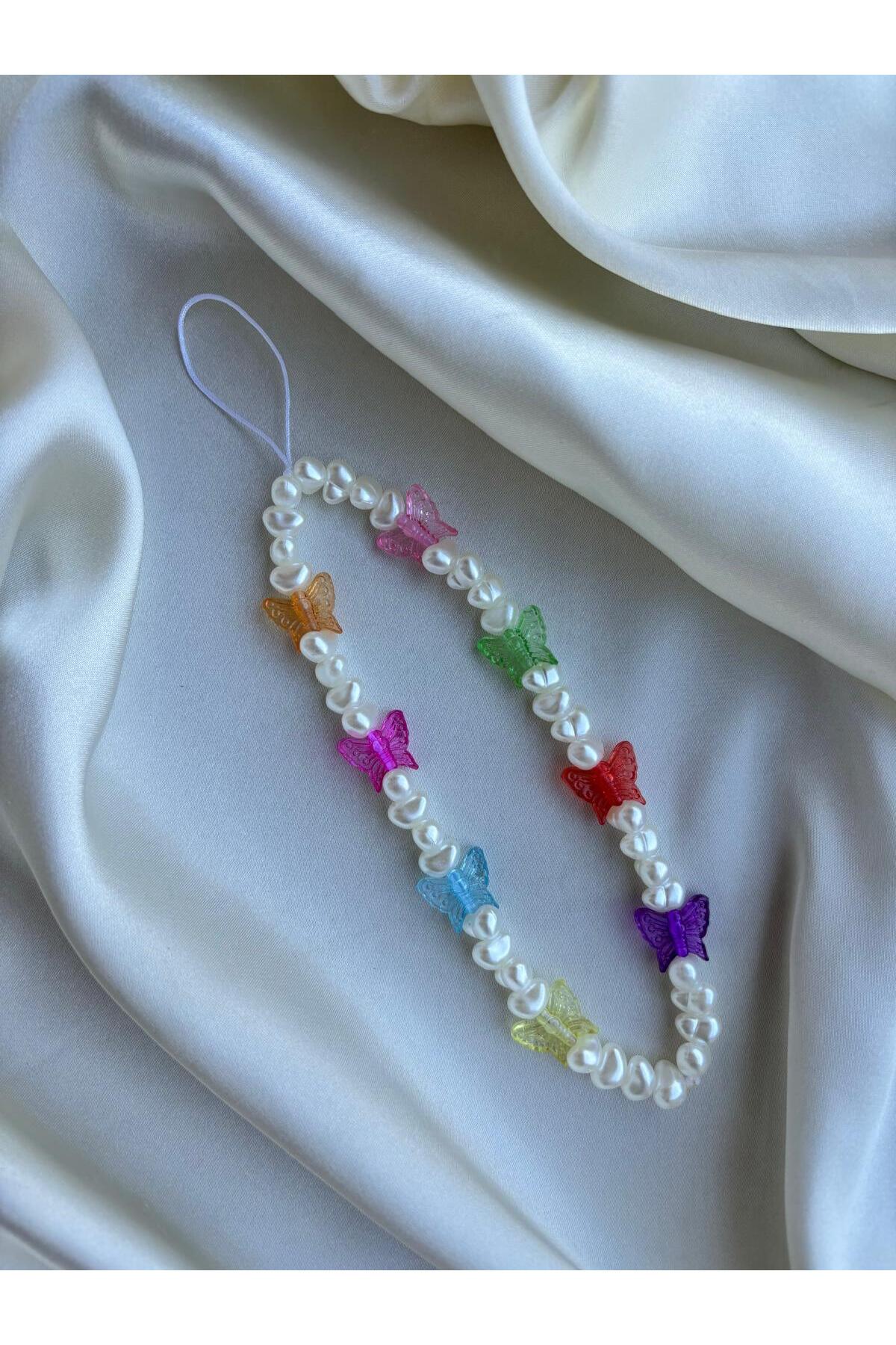 Colorful Butterflies Design Pearl Detailed Phone Charm Phone Lanyard Bag Ornament