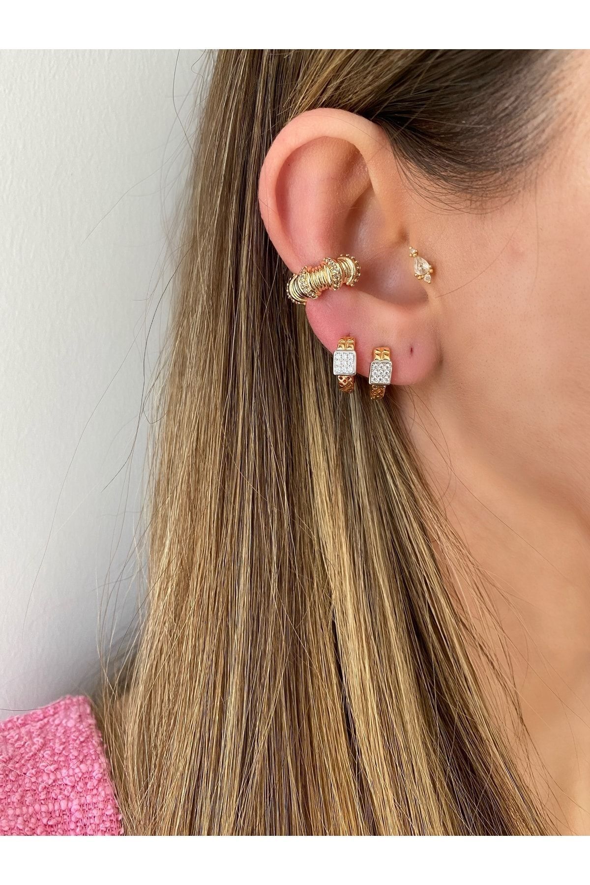 Boğumlu Taşlı Pirinç Üzeri Kaplama Kıkırdak Küpe ( Earcuff ) 2