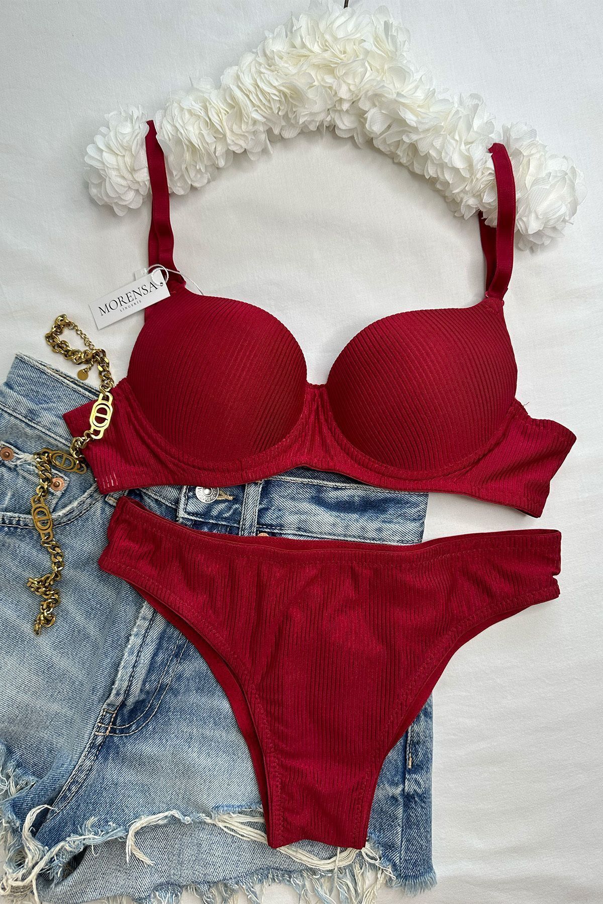 Morensa  Yılbaşı Özel Basic Desenli Balenli Destekli Sütyen Takımı Kırmızı - Görsel 2