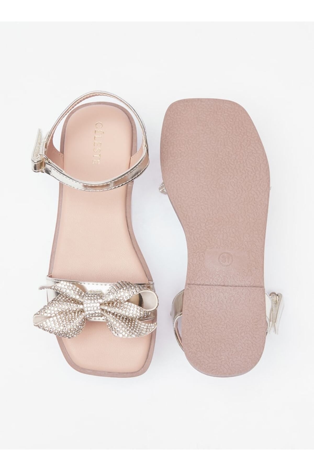 Celeste-Girls' Embellished Bow Sandals with Hook and Loop Closure 4