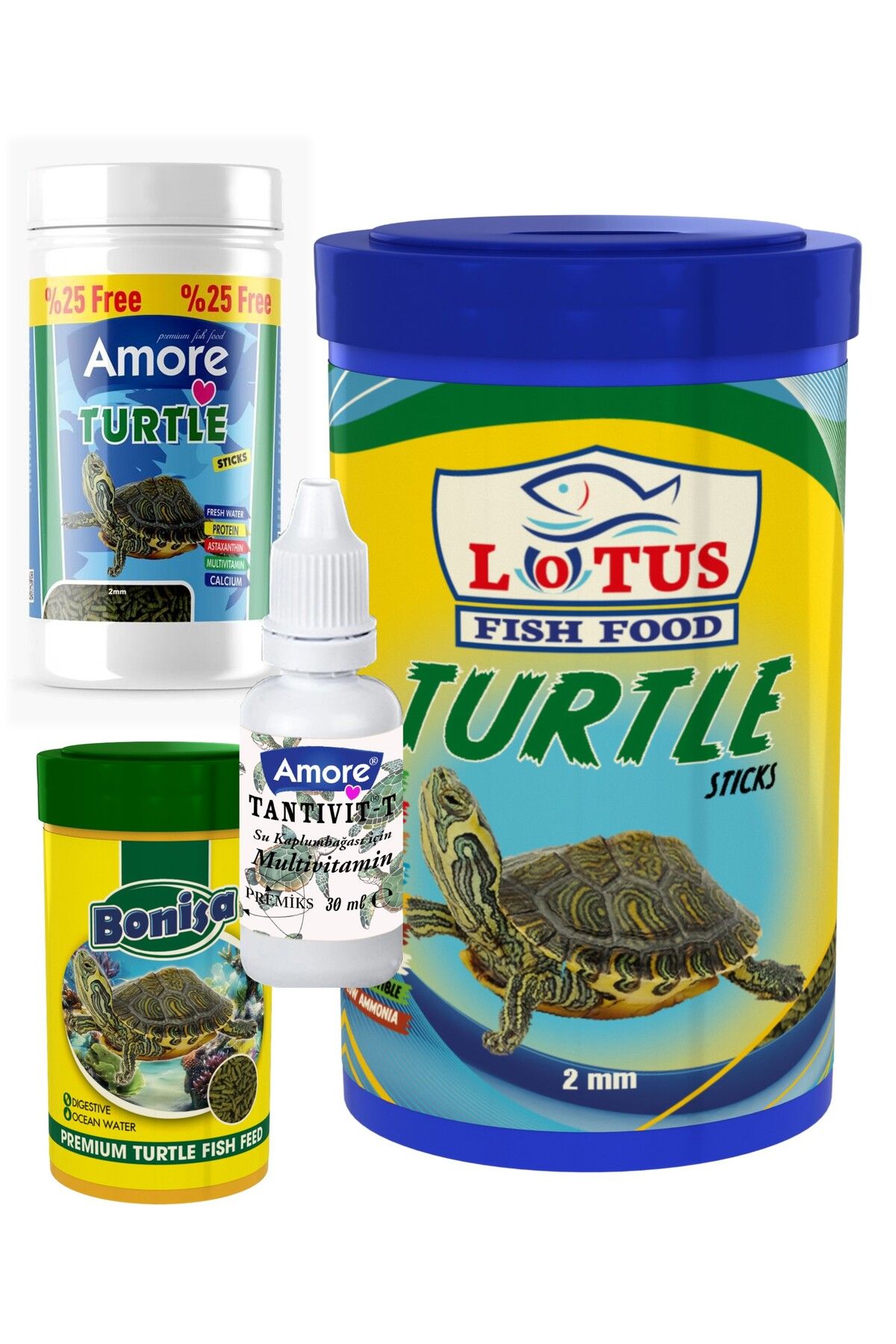 AMORE Turtle Food Sticks 125ml, Bonisa 100ml, Lotus 1000ml Su Kaplumbağası Yüzen Yemi, Multivitamin