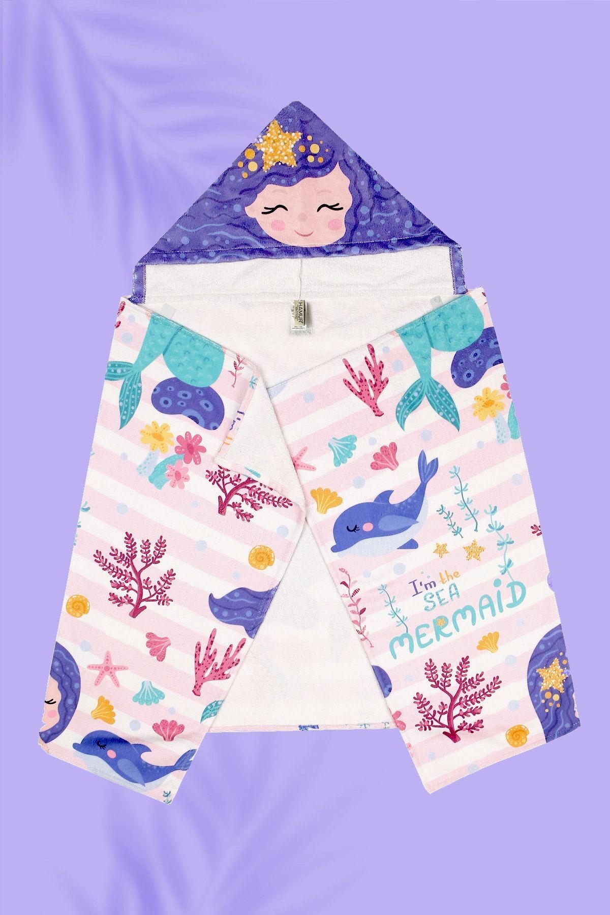HAMUR Kapşonlu Çocuk Plaj Havlusu Deniz Kızı Mor Önü Cırtlı