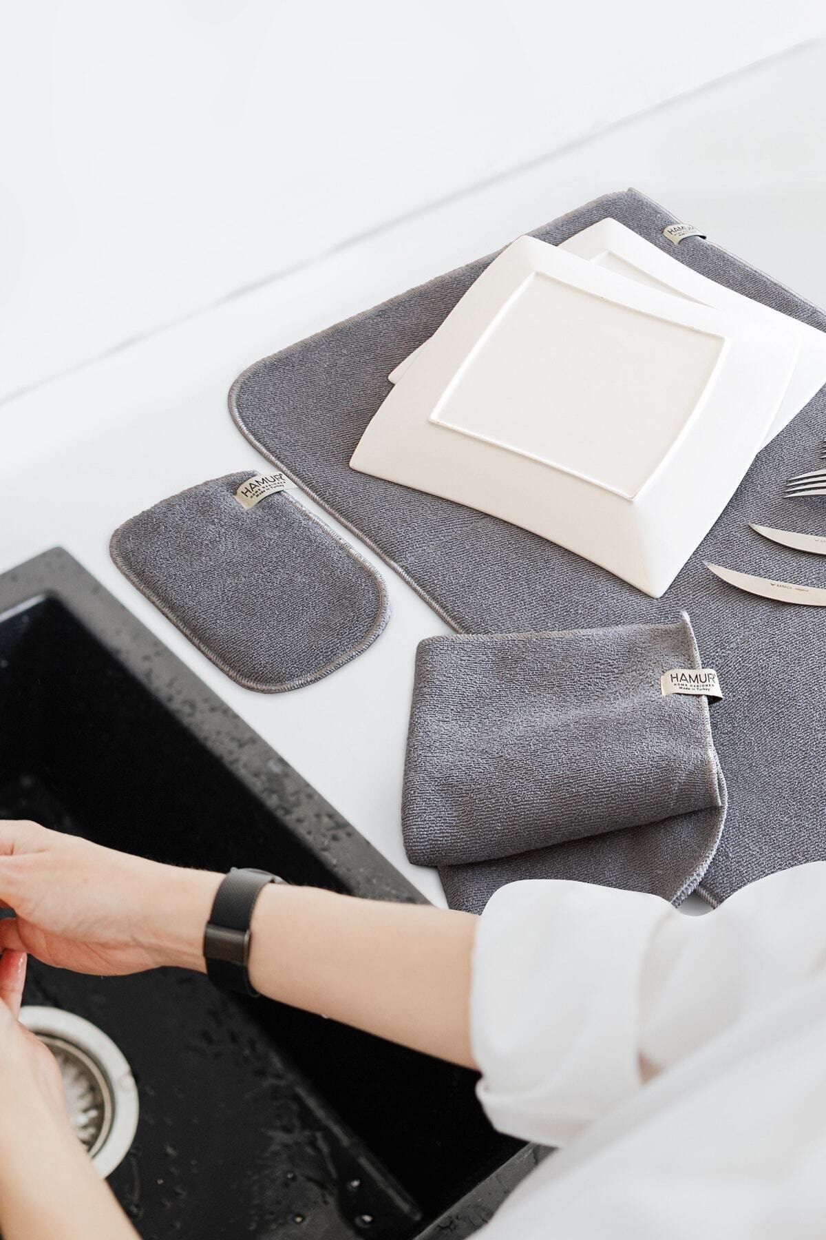Gri Microwell 3 Prç Set Microfiber Bulaşık Kurutma Matı 3'lü Mutfak Seti Kurulama Bezi Örtüsü