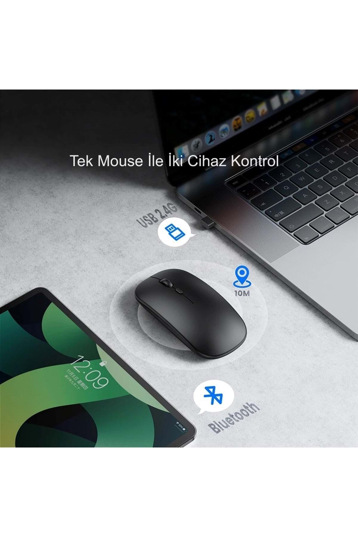 Sessiz Tıklama Şarjlı Çift Modlu Bluetooth Kablosuz 2.4Ghz Siyah Mouse 3