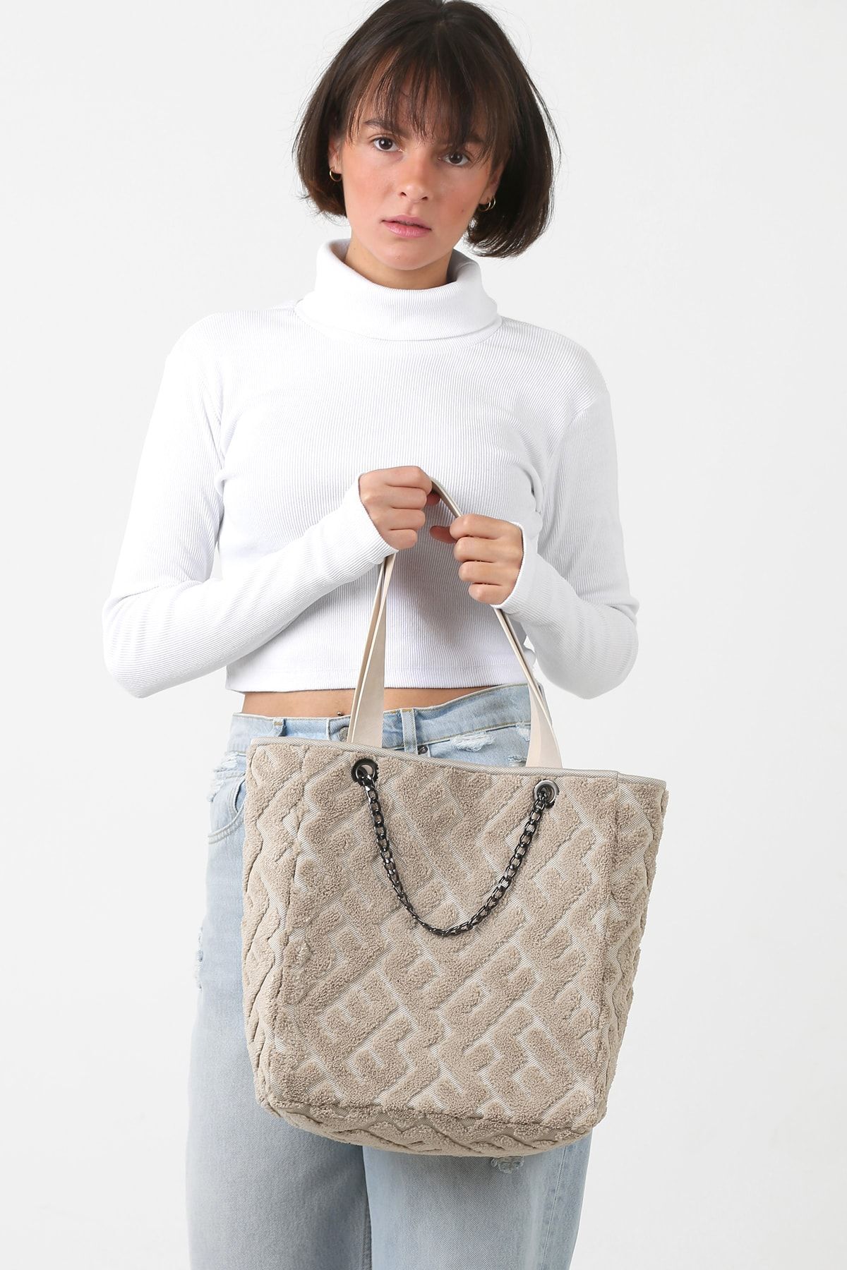 Women's Cloth Hand and Shoulder Bag Maze Natural Fur Plush Knitted Sleeve Bag