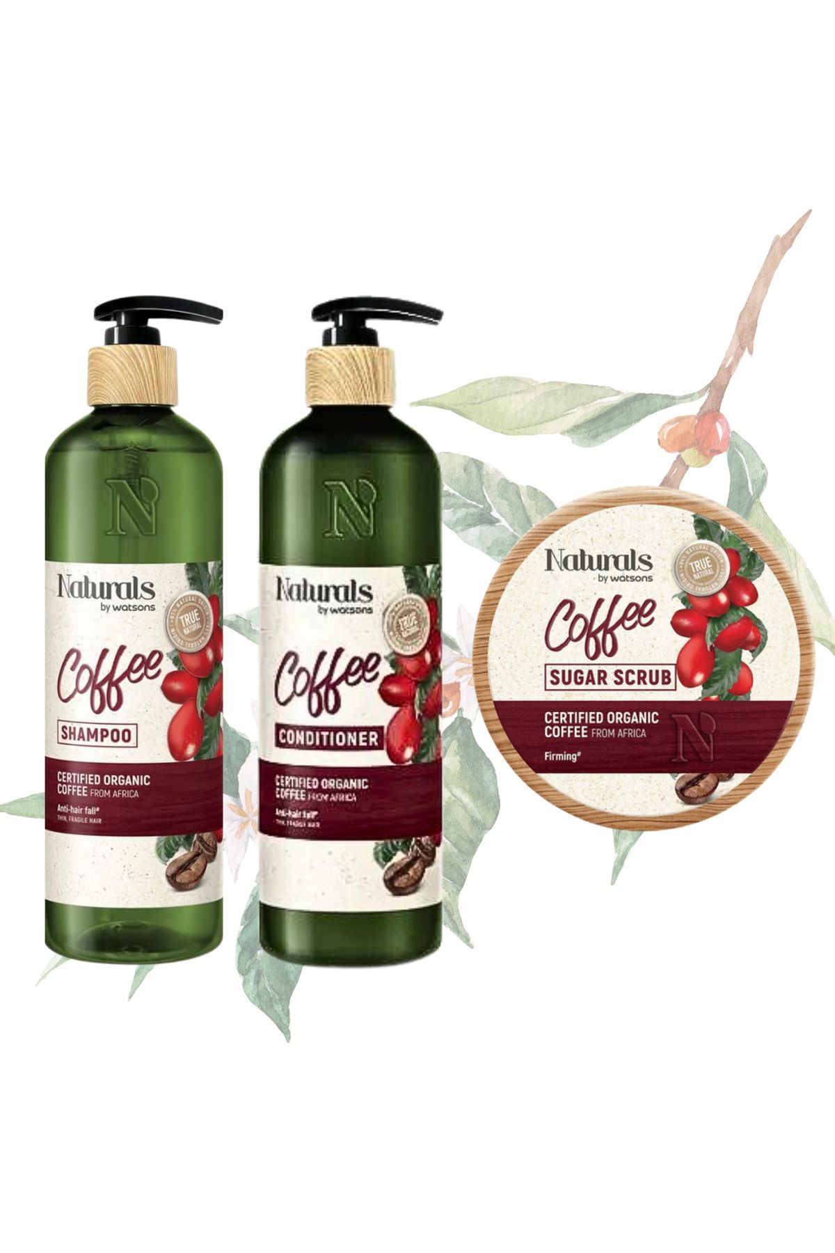 شامپو قهوه 490 میلی لیتر - نرم کننده 490 میلی لیتر - اسکراب بدن قهوه شکر ست 3 تایی Naturals By Watsons