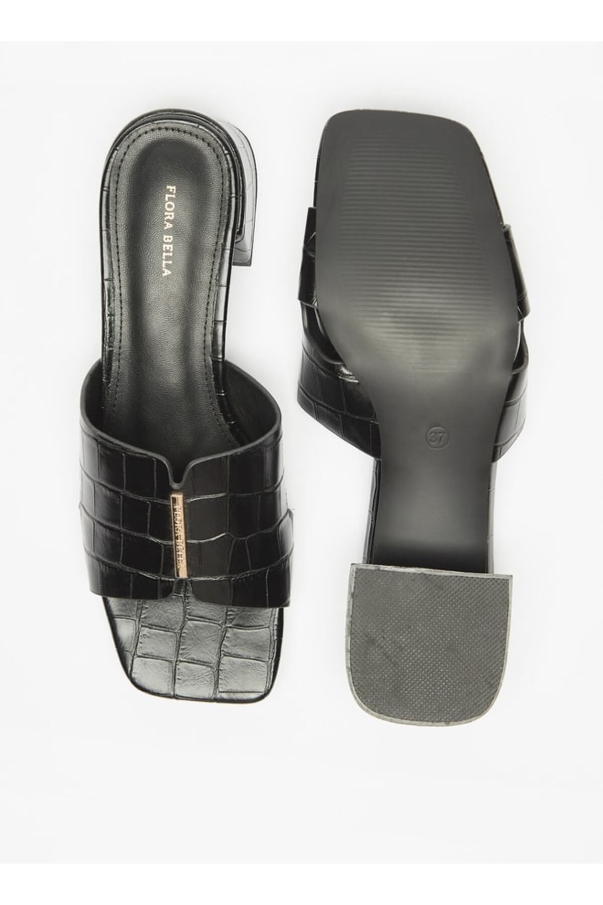 Flora Bella by Shoexpress-Textured Slip-On Sandals with Metal Accent and Block Heels 4