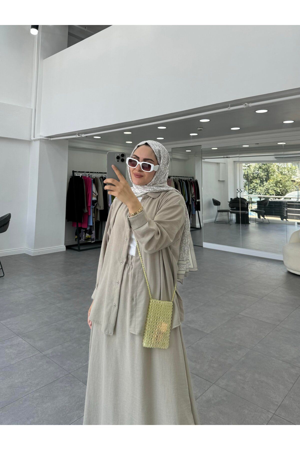 ست بالاپایین پوشیده خاکستری زنانه کتانی اورجینال Rimel Moda