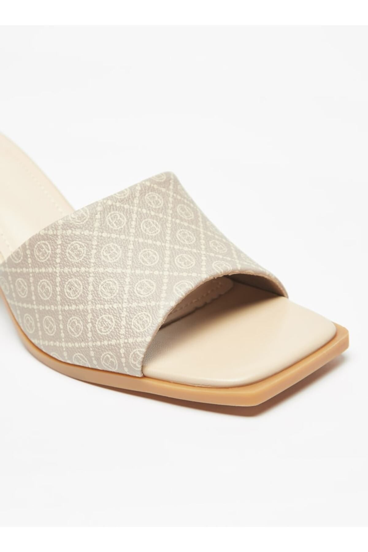 Flora Bella by Shoexpress-All-Over Logo Print Slip-On Sandals with Block Heels 5