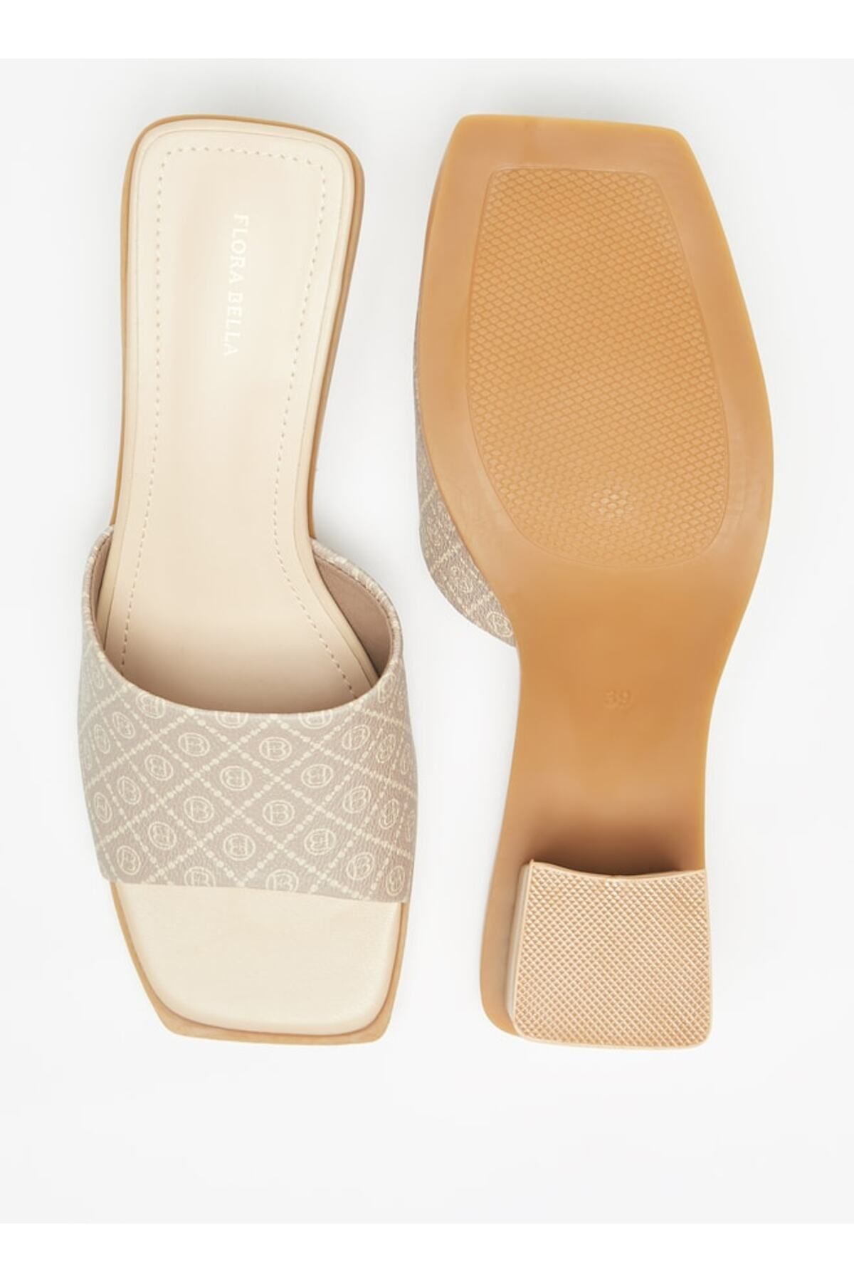 Flora Bella by Shoexpress-All-Over Logo Print Slip-On Sandals with Block Heels 4