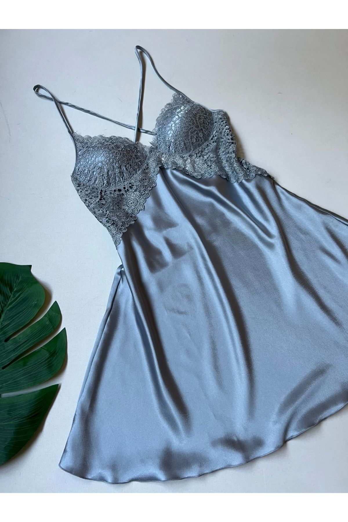 KARLİNAX-6-Piece Satin Nightdress and Dressing Gown Set - Mist Guipure Detailed 2