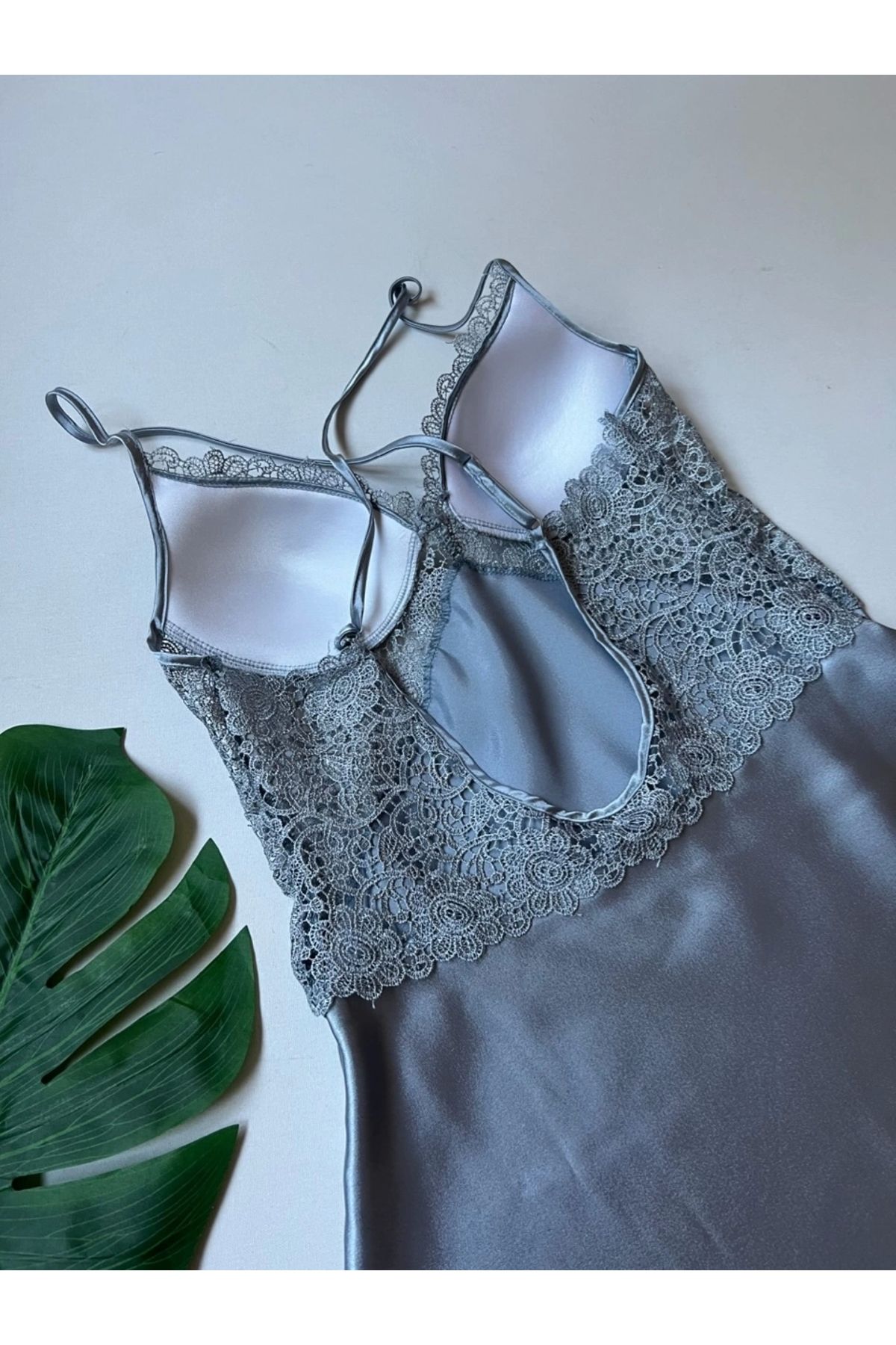KARLİNAX-6-Piece Satin Nightdress and Dressing Gown Set - Mist Guipure Detailed 4