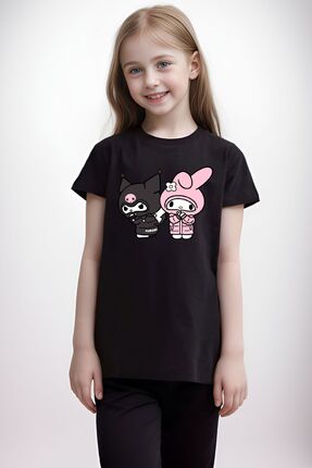 The Baski Kuromi Sevimli Baskılı Çocuk Genç %100 Pamuk Siyah Tişört