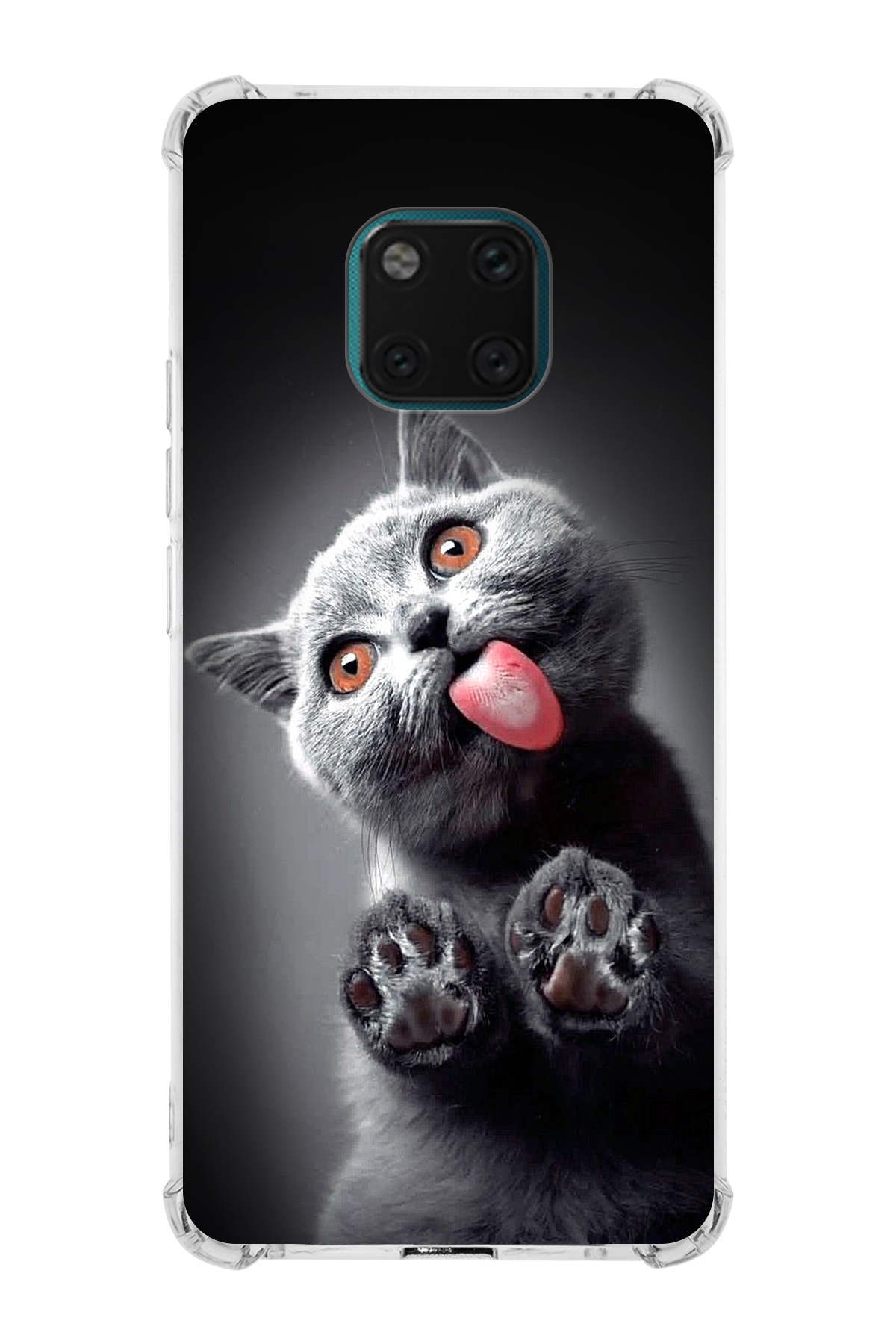 Huawei Mate 20 Pro Uyumlu Kedi 2 Baskılı Şeffaf Köşe Korumalı Antişok Kılıf