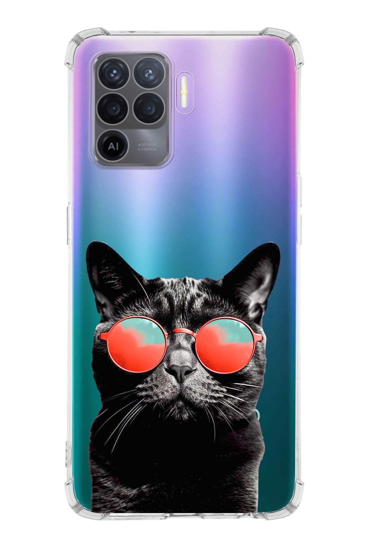 Oppo A94 Uyumlu Kedi 3 Baskılı Şeffaf Köşe Korumalı Antişok Kılıf