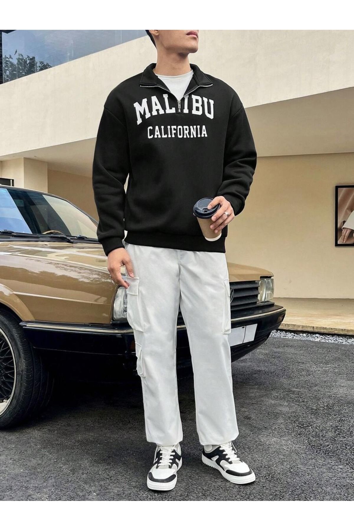MELADYAN Malibu California Printed - Pulover Cu Jumătate De Fermoar Cu Guler Vertical Unisex - S