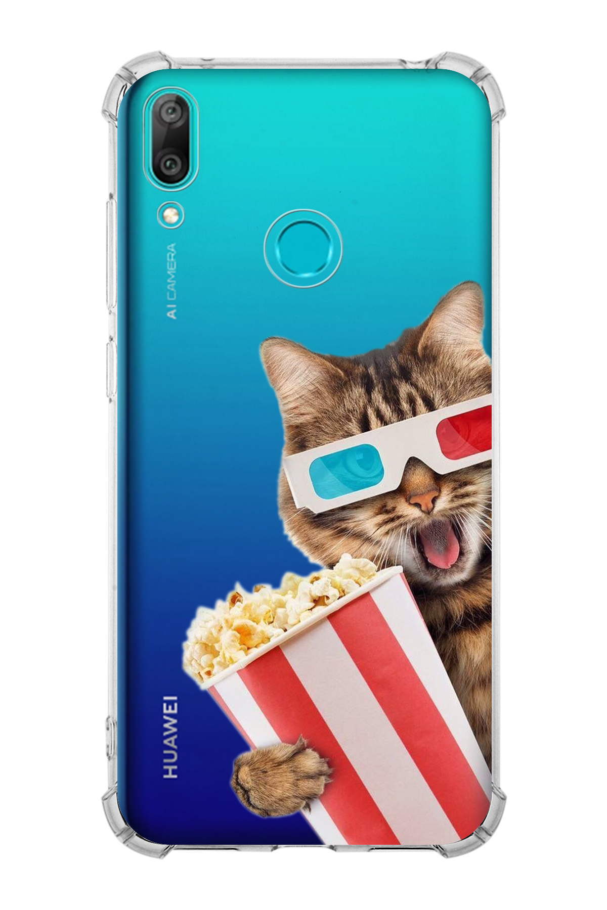 Huawei Y7 2019 Uyumlu Kedi 1 Baskılı Şeffaf Köşe Korumalı Antişok Kılıf