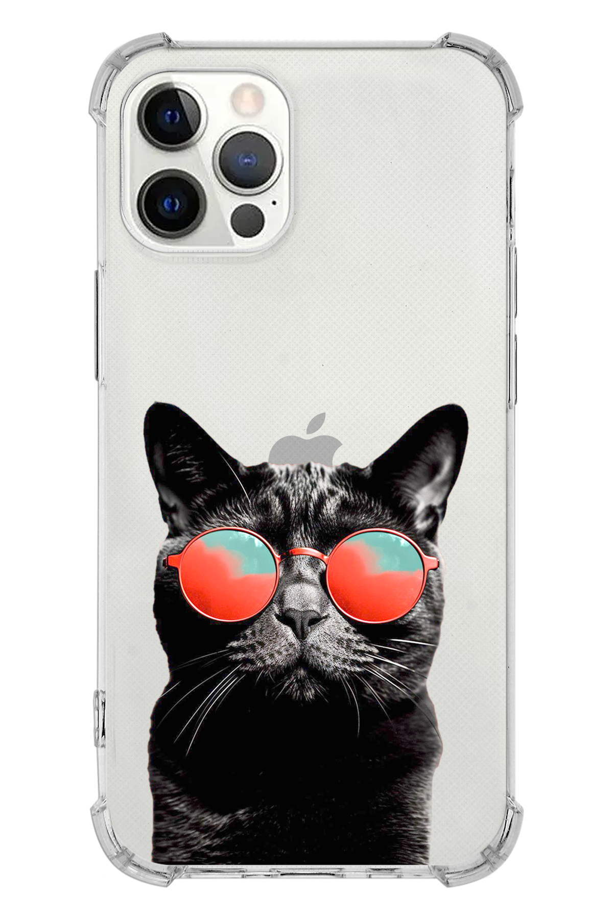 PrintiFy Apple iPhone 12 Pro Uyumlu Kedi 3 Baskılı Şeffaf Köşe Korumalı Antişok Kılıf