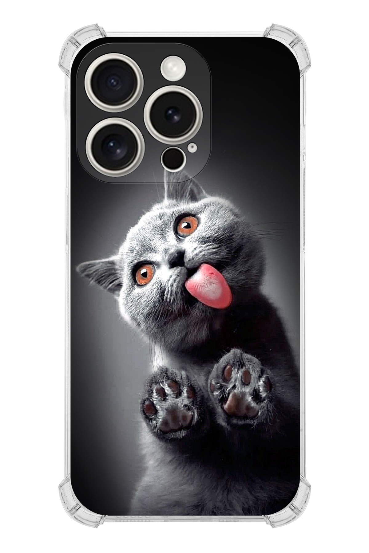 PrintiFy Apple iPhone 15 Pro Kedi 2 Şeffaf Köşe ve Kamera Korumalı Korumalı Antişok Kılıf