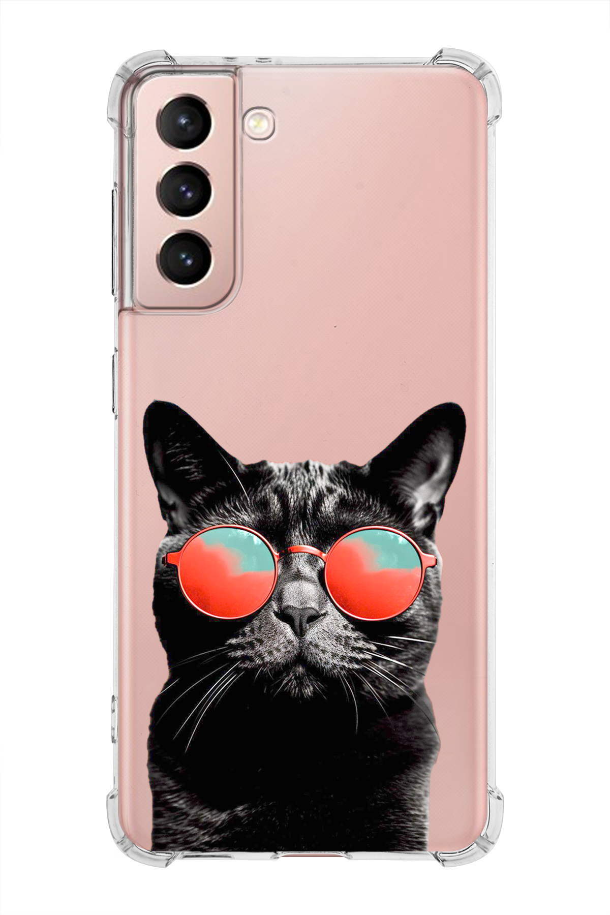 Samsung Galaxy S21 Uyumlu Kedi 3 Baskılı Şeffaf Köşe Korumalı Antişok Kılıf