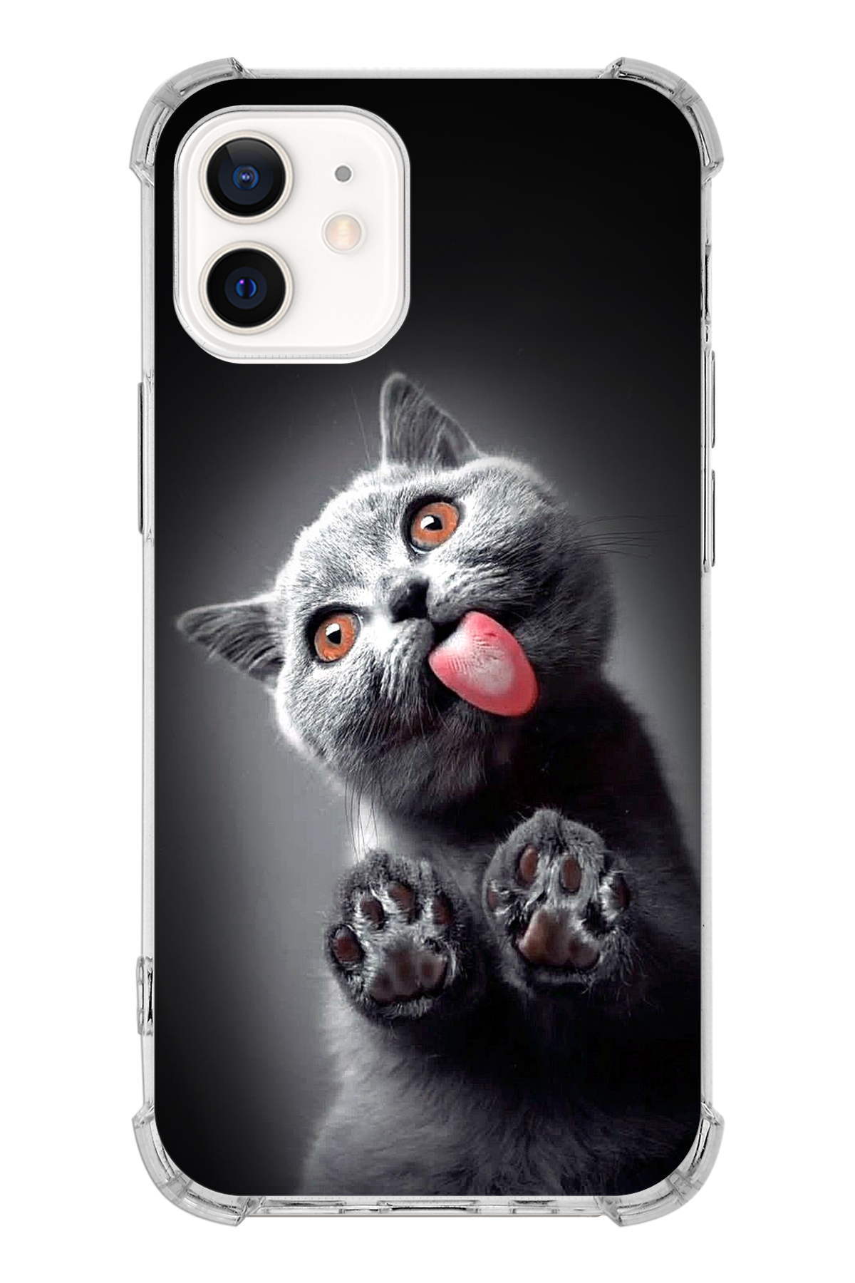 PrintiFy Apple iPhone 12 Uyumlu Kedi 2 Baskılı Şeffaf Köşe Korumalı Antişok Kılıf
