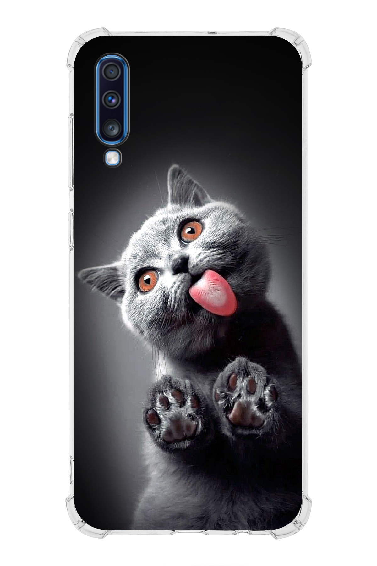 Samsung Galaxy A70 Uyumlu Kedi 2 Baskılı Şeffaf Köşe Korumalı Antişok Kılıf