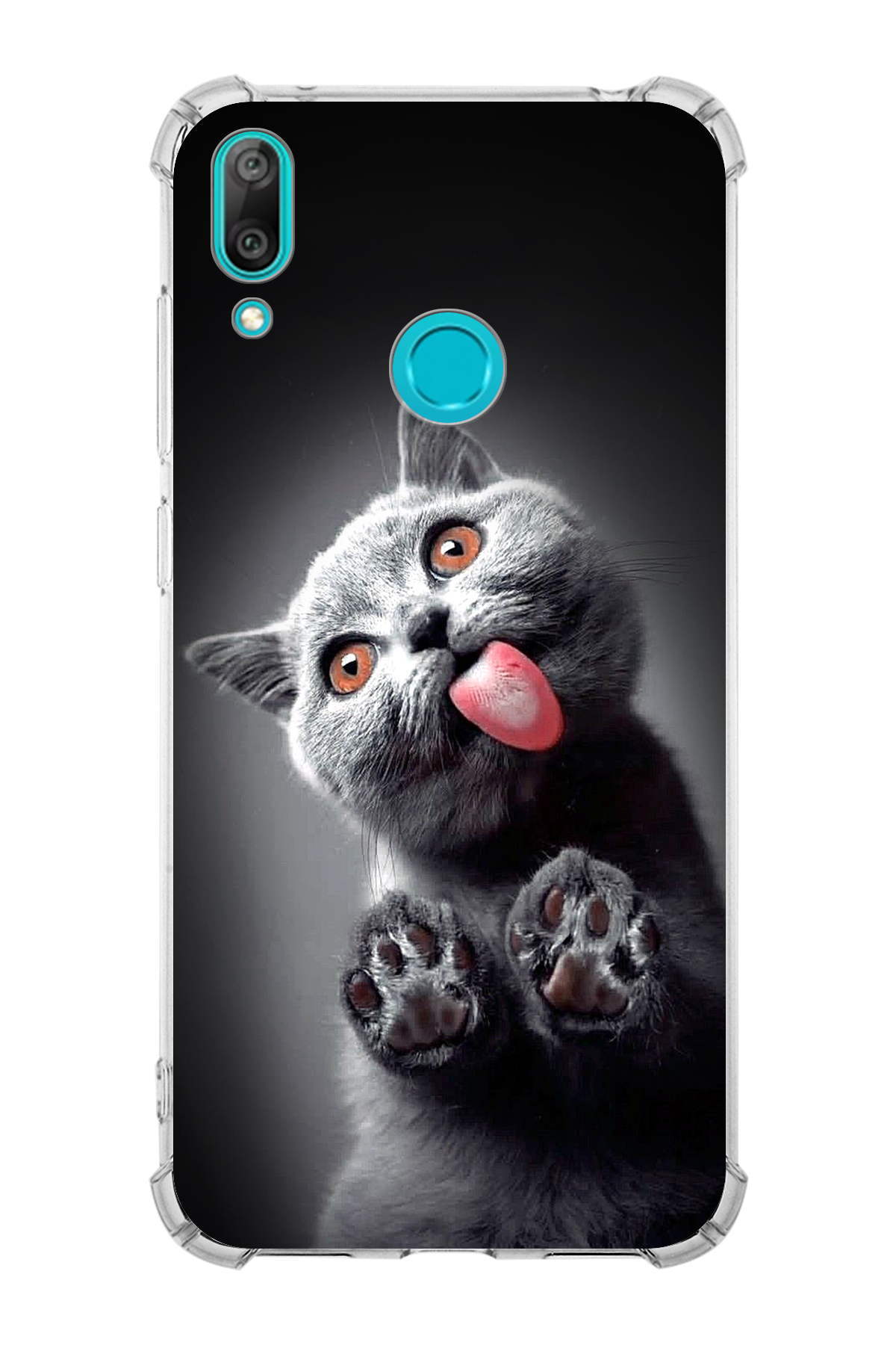 Huawei Y7 2019 Uyumlu Kedi 2 Baskılı Şeffaf Köşe Korumalı Antişok Kılıf